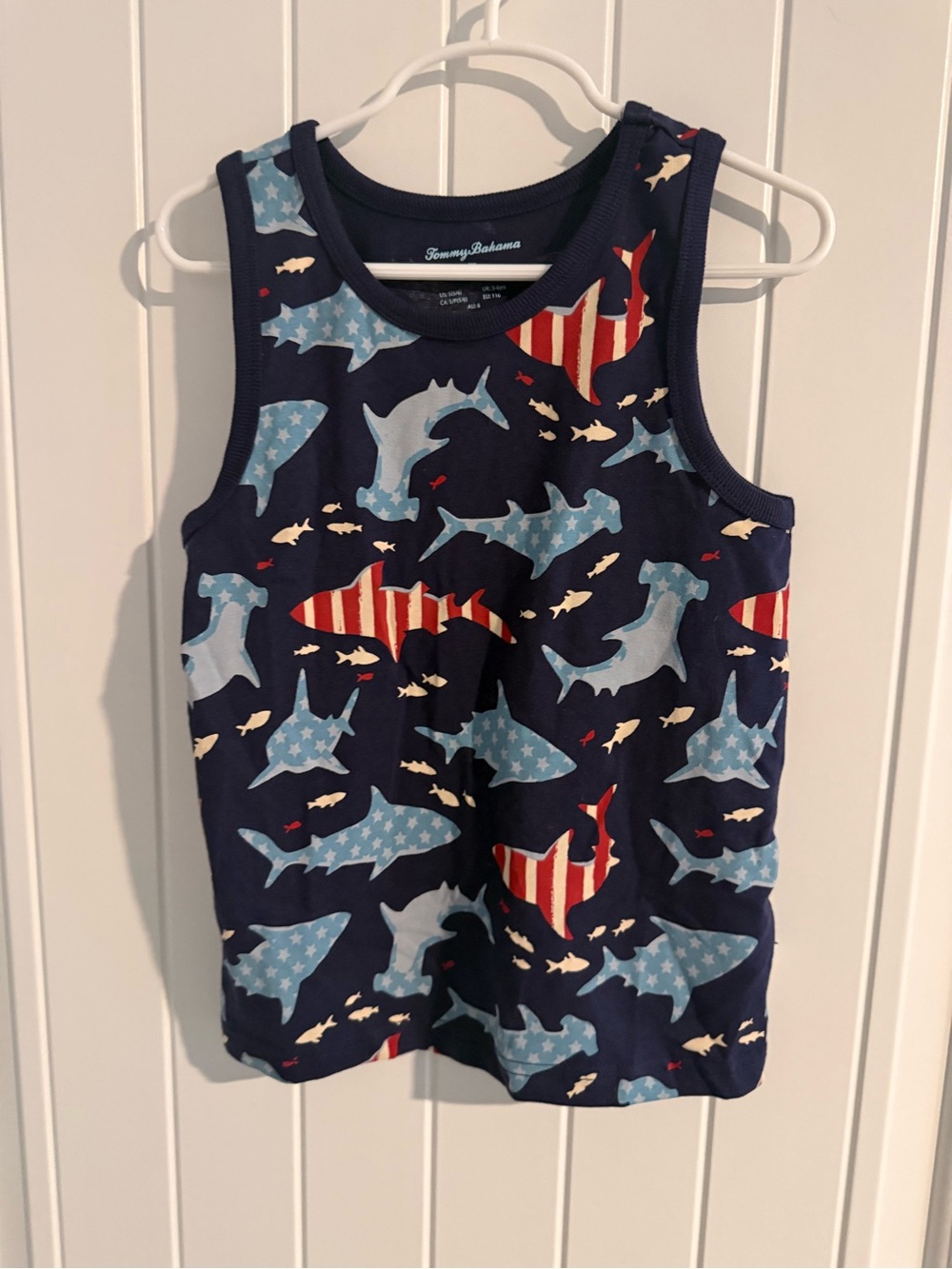 Tommy Bahama Boys’ Shark & American Flag Tank Top – Size 5/6